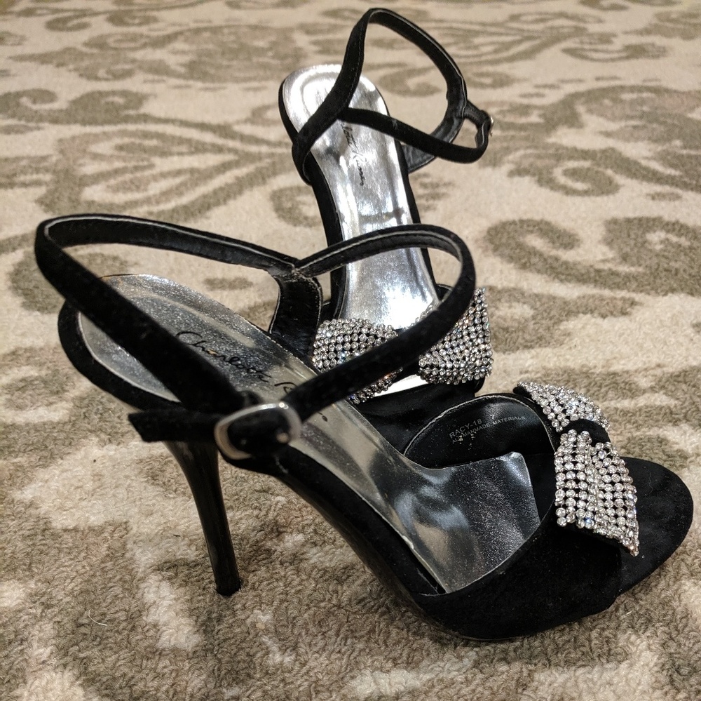 Black Velvet heels with rhinestone bow